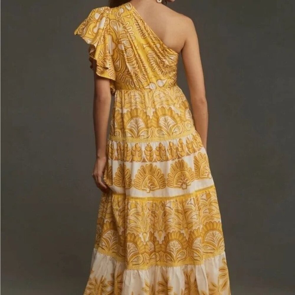 NWT Farm Rio Yellow Ainika Tapestry One Shoulder Lined Maxi Dress Size XXS - Picture 3 of 6